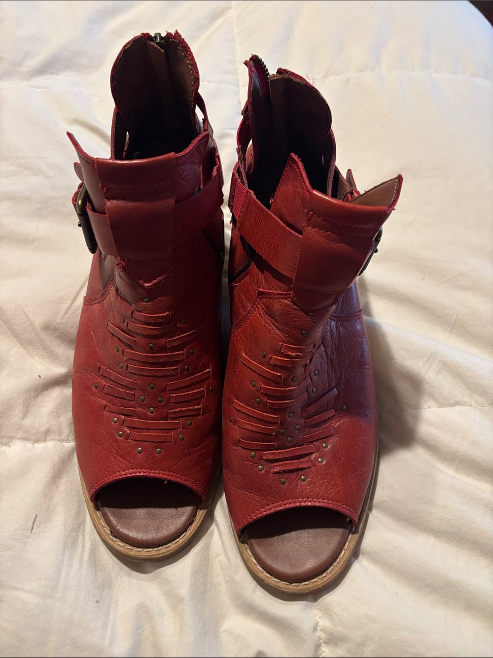 Caterpillar Red Open-Toe Leather Mules with Stud and Buckle Accents